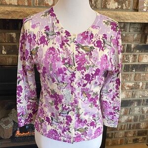 GARNET HILL 100% merino wool button up cardigan. Beautiful floral & bird print.